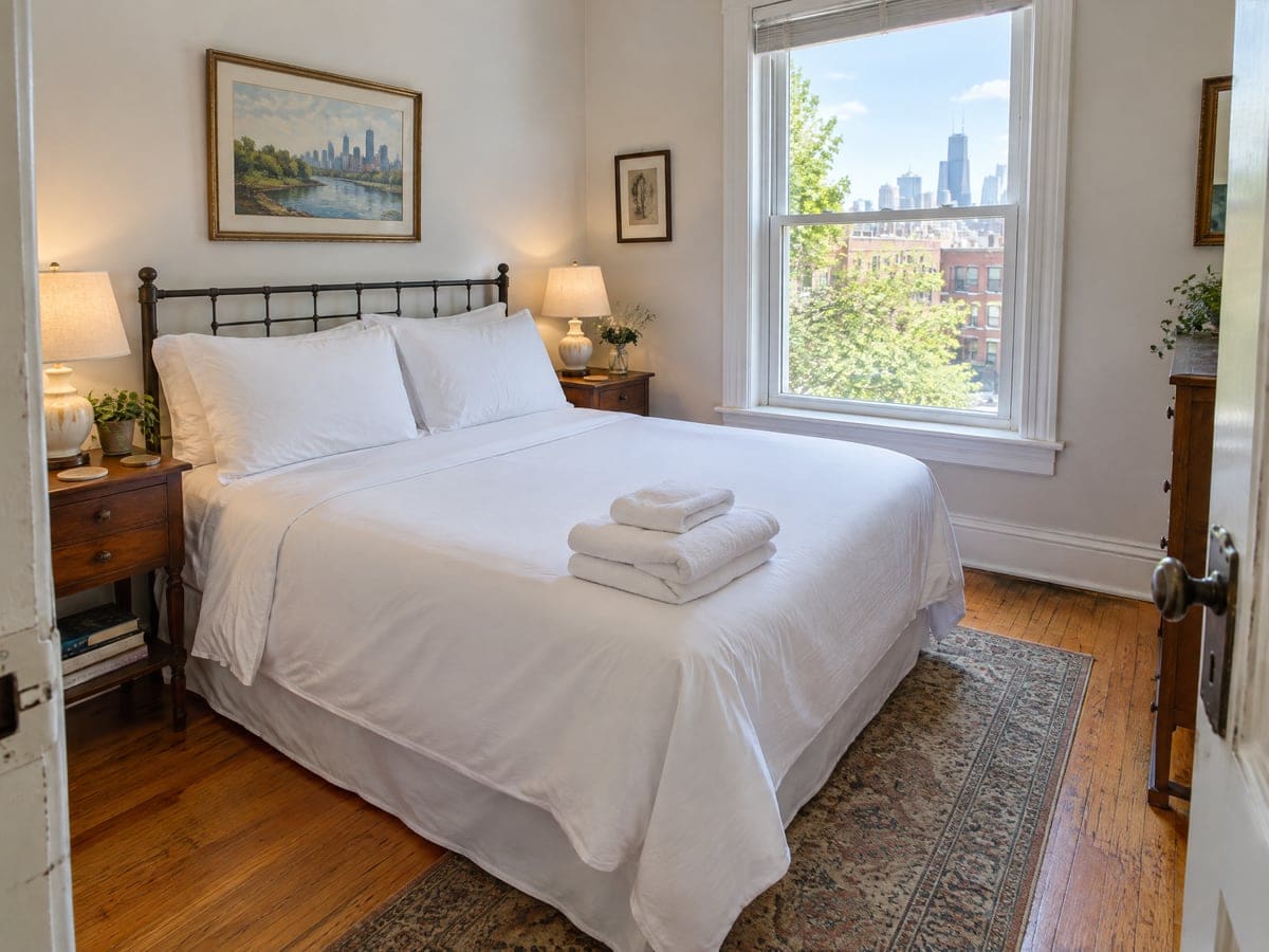 An Airbnb cleaning turnover with a guest bed made in white, folded towels at the foot and sun through the window.