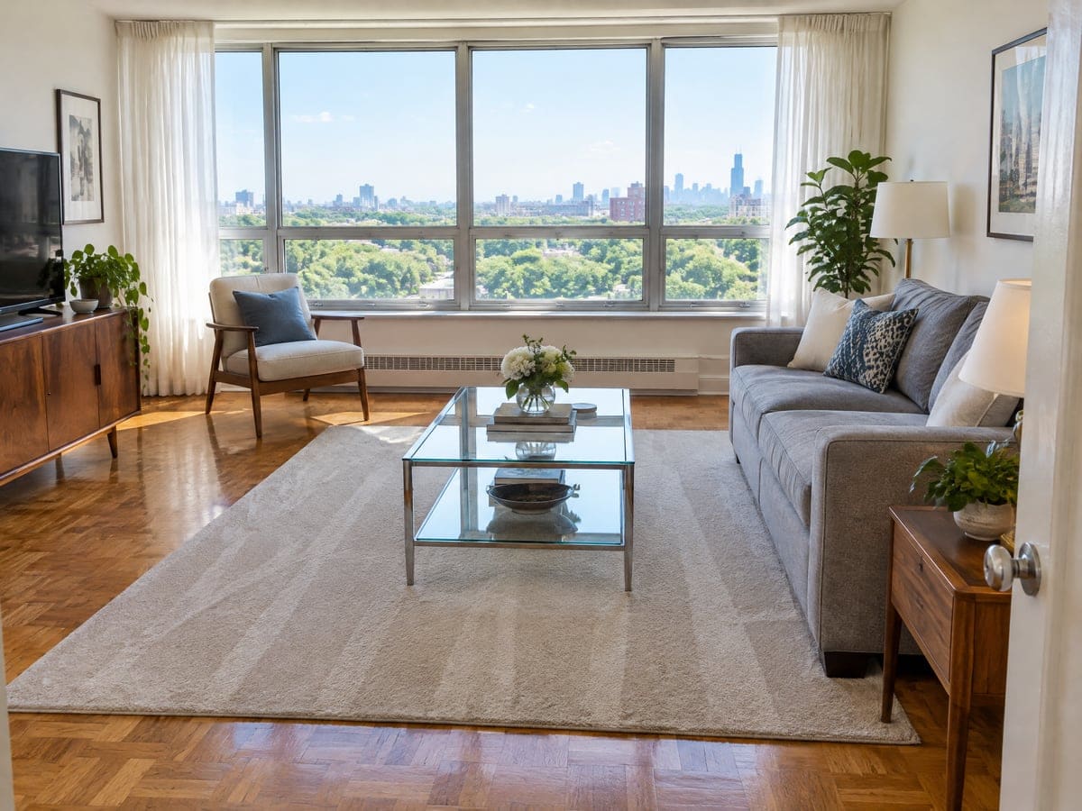 An apartment cleaning service left this bright living room high in an apartment tower, a wall of windows above a parquet floor.