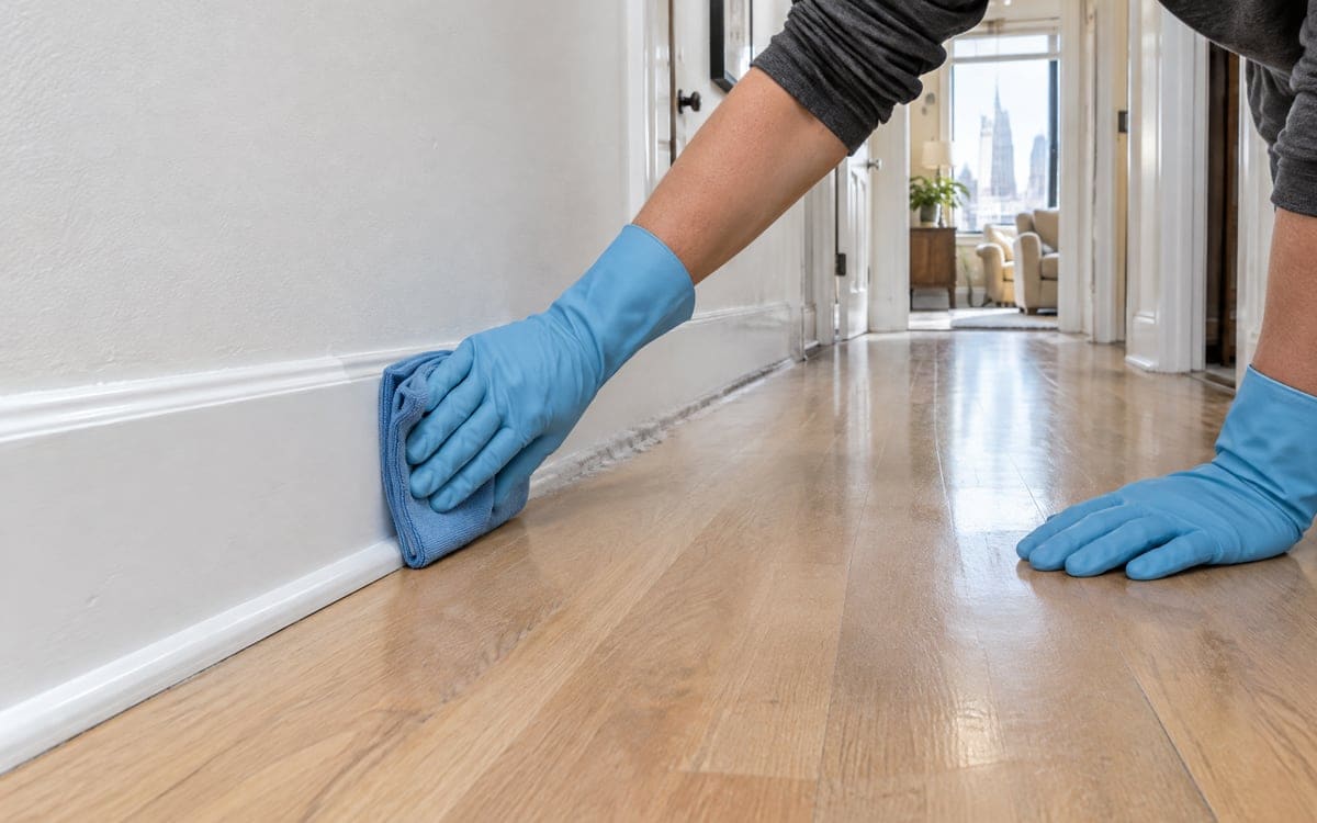 A gloved hand wipes a baseboard on a deep cleaning, the board clean behind the cloth and a line of dust still along it ahead.