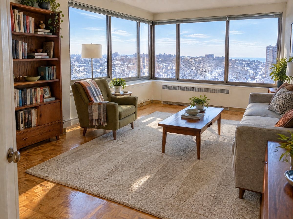 Wide windows over snowy rooftops in a corner living room that a cleaning service just finished.