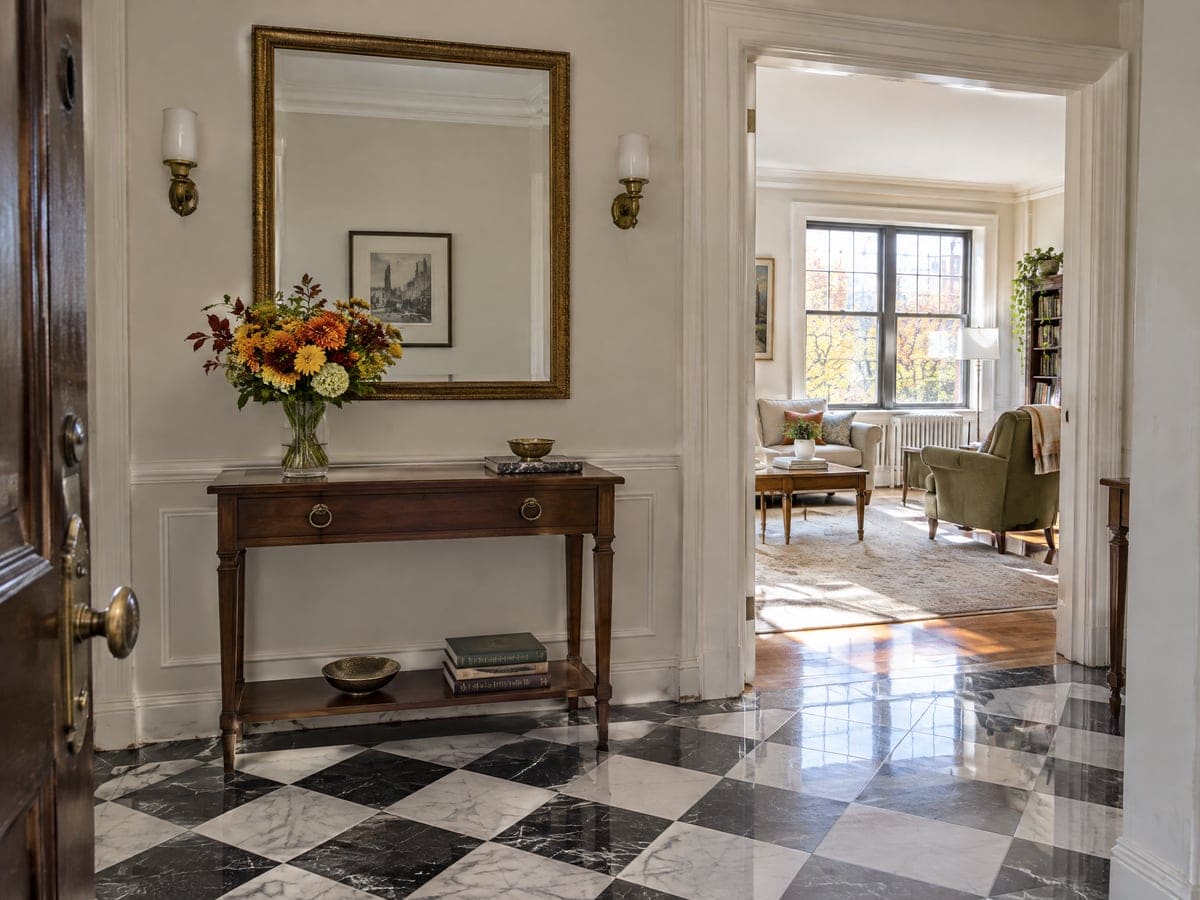 A cleaning service visit to an apartment foyer with a gilt mirror, console table and black-and-white marble floor.