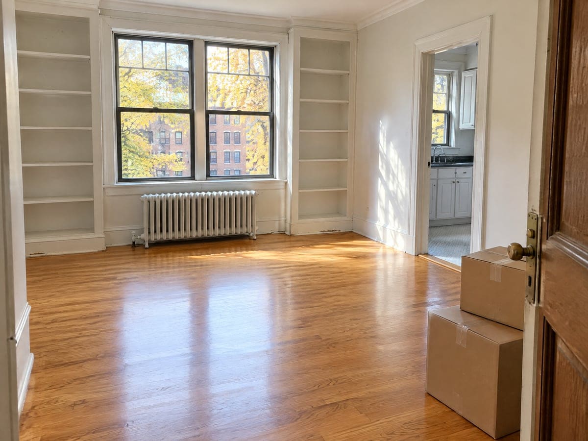 An empty room with built-in bookshelves and a radiator under the windows, two moving boxes by the door, ready for a cleaning service.