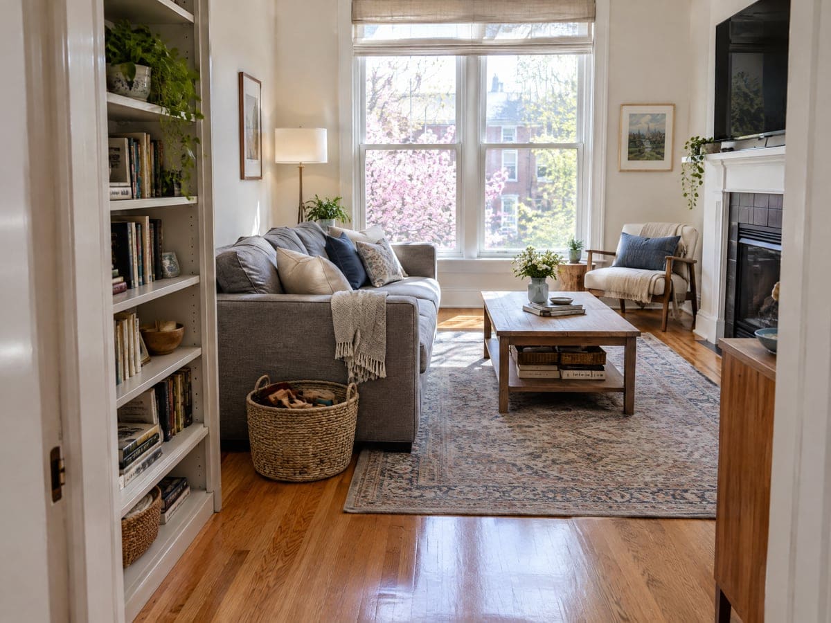 A bright family living room after a cleaning service visit, with a gray sofa, a built-in bookcase and a woven basket by the couch.