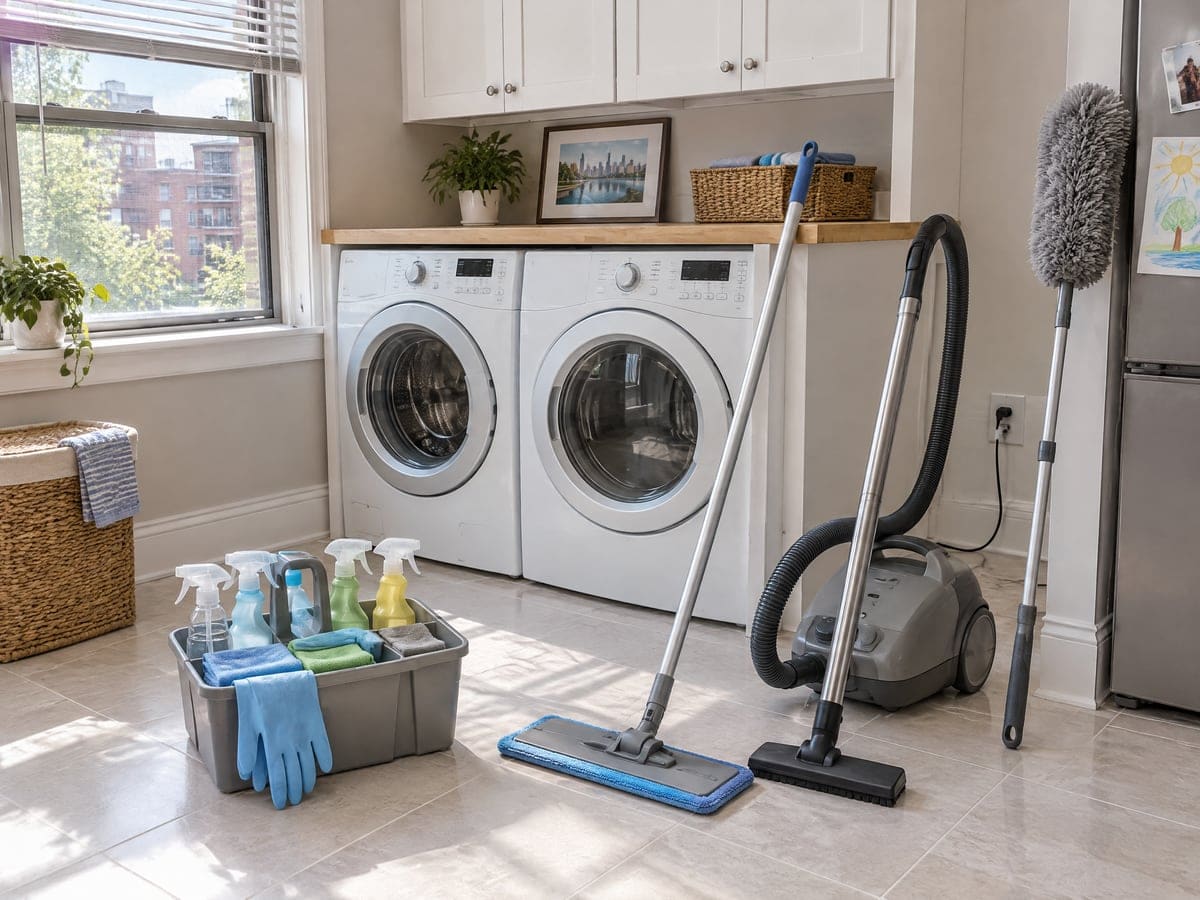 A flat mop, canister vacuum, extendable duster and a caddy of bottles ready in a laundry room for cleaning services.