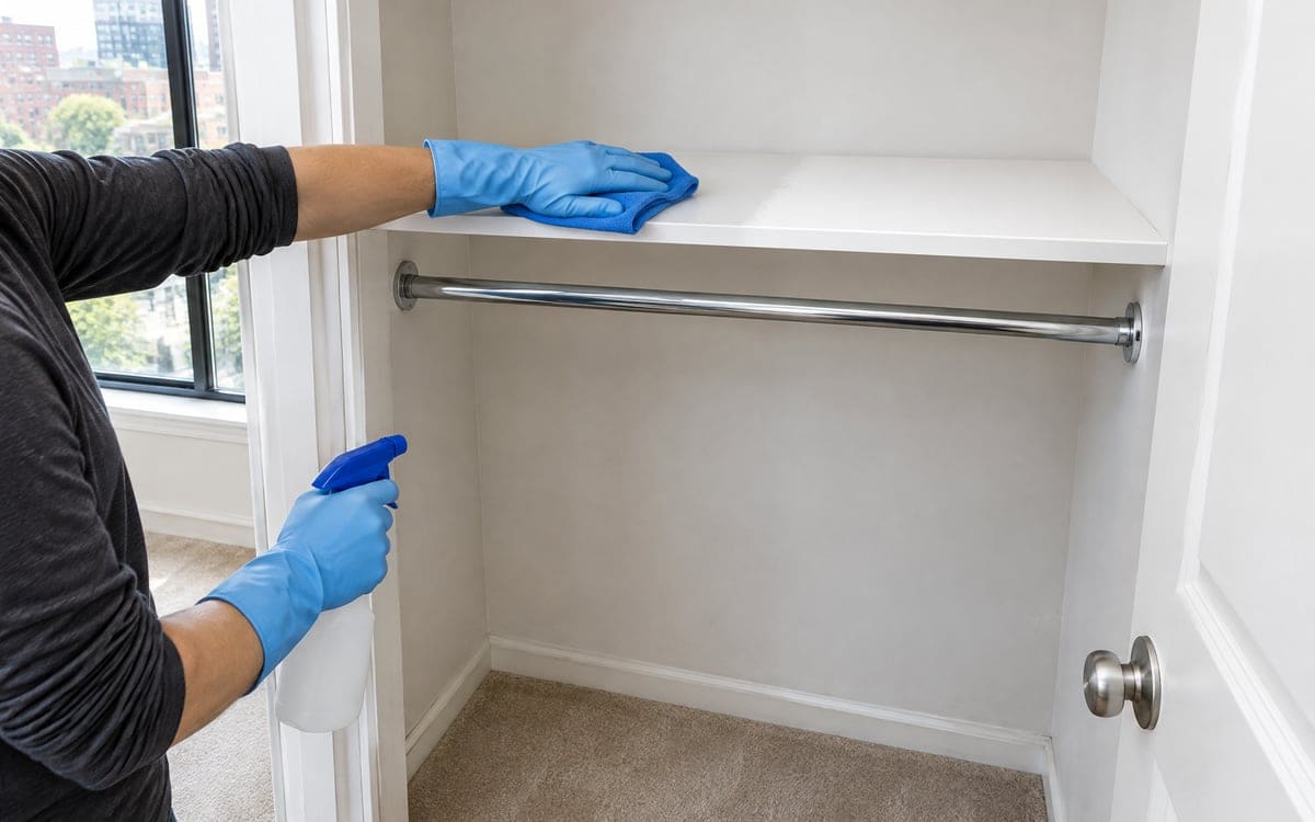 Gloved hands wipe the shelf above the rod inside an empty closet, a spray bottle in the other hand.