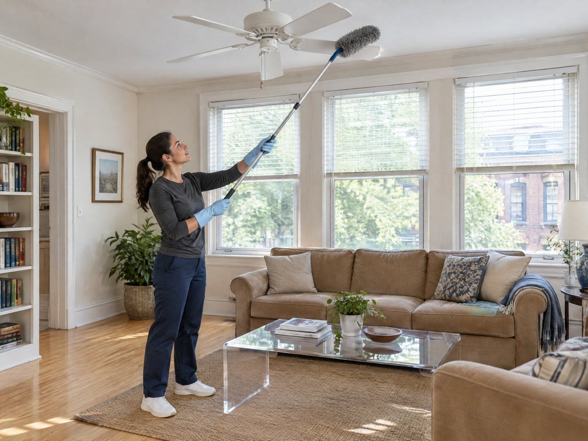 On a deep cleaning visit, a cleaner stands by the sofa and dusts a ceiling fan with an extendable duster.