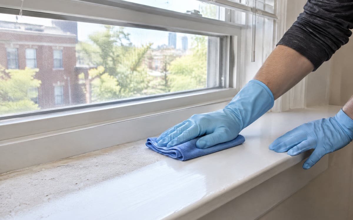 Drywall dust wiped from a window sill with a blue microfiber cloth, a clean stripe through the powder.