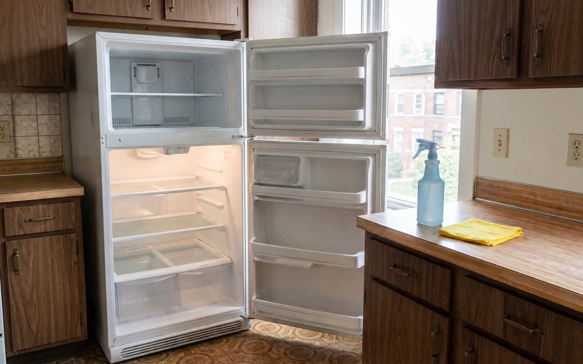 An empty refrigerator and freezer open in a kitchen with a blue spray bottle and yellow cloth on the counter.