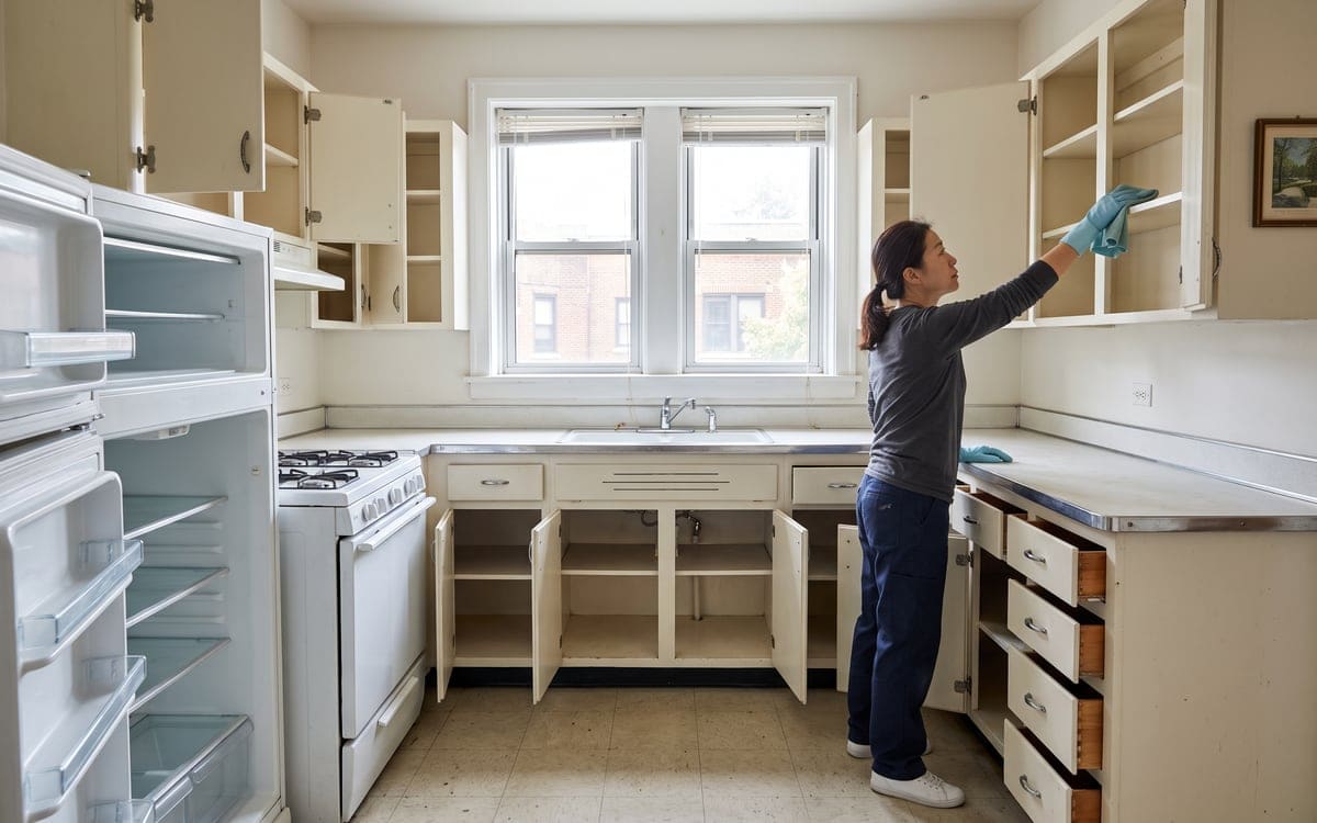 A cleaner wipes a bare upper shelf during a move-out cleaning, with every cabinet, drawer and the refrigerator open in the empty kitchen.