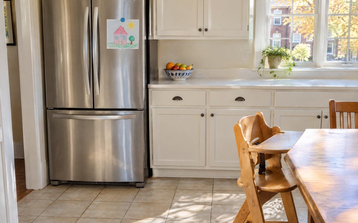 A wooden high chair at the kitchen table with a bowl of fruit on the counter and a child's drawing on the fridge.
