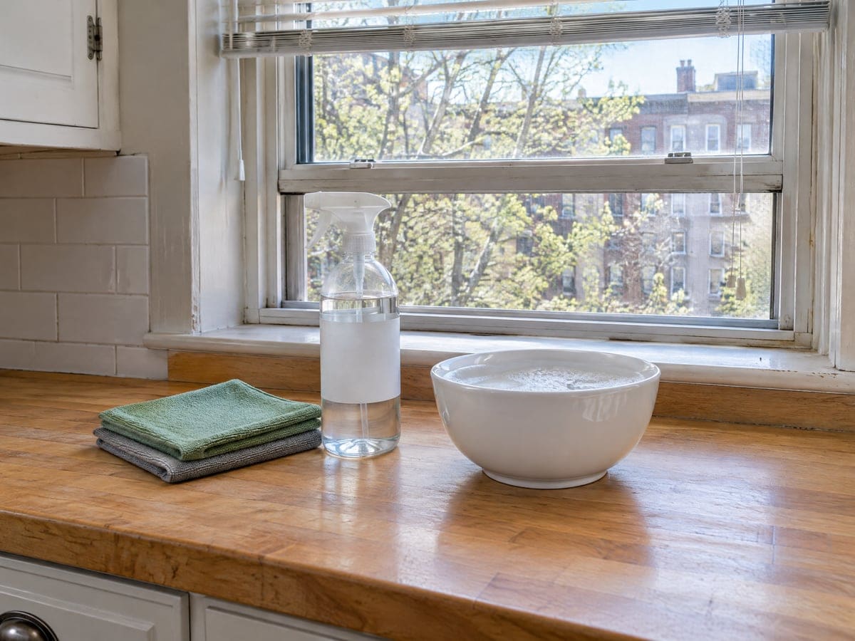 Folded microfiber cloths, a plain spray bottle and a bowl of soapy water on a wood counter for a green cleaning service.