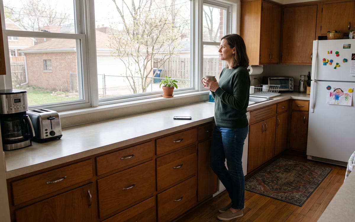 A family kitchen where someone might be hiring a house cleaner, a woman standing by the window with a mug.