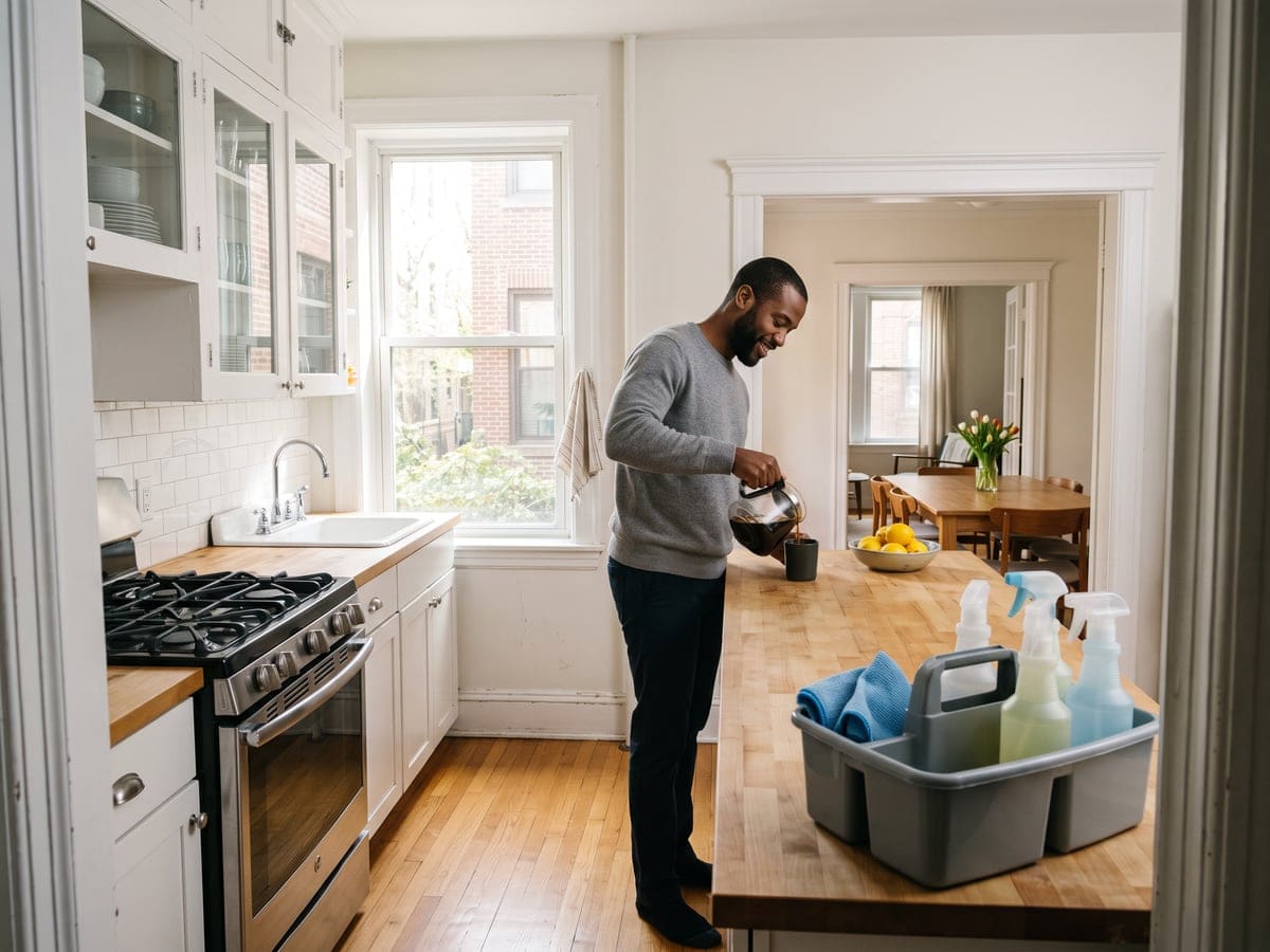 A resident pours coffee in a bright vintage kitchen after a house cleaning, the supply caddy still on the butcher-block counter.