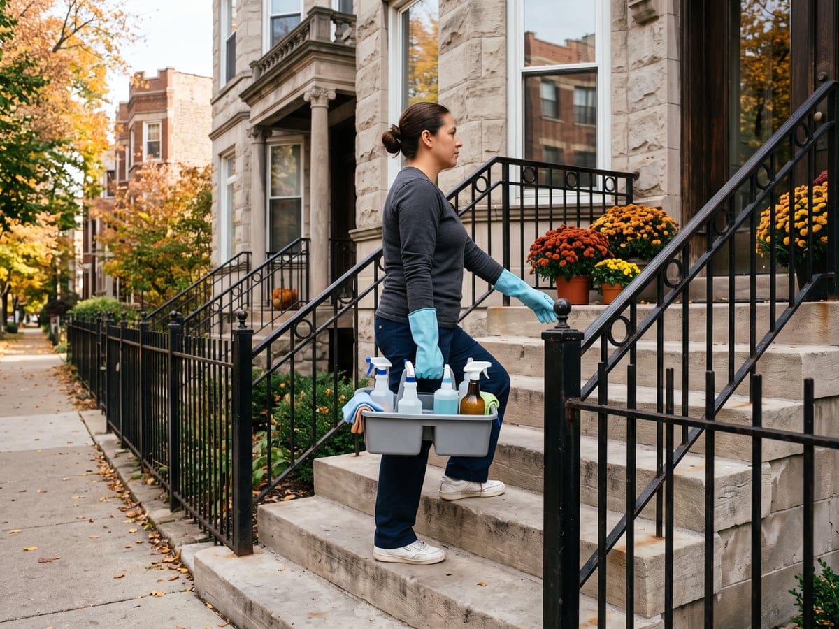 A cleaner from a house cleaning company climbs stone front steps with a supply caddy, past pots of autumn mums.