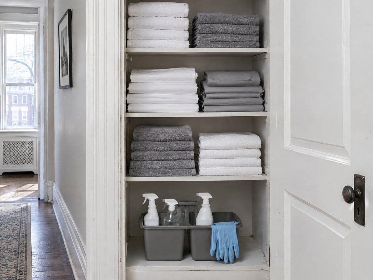 A linen closet of folded towels and sheets above a house cleaning caddy of spray bottles and blue gloves.