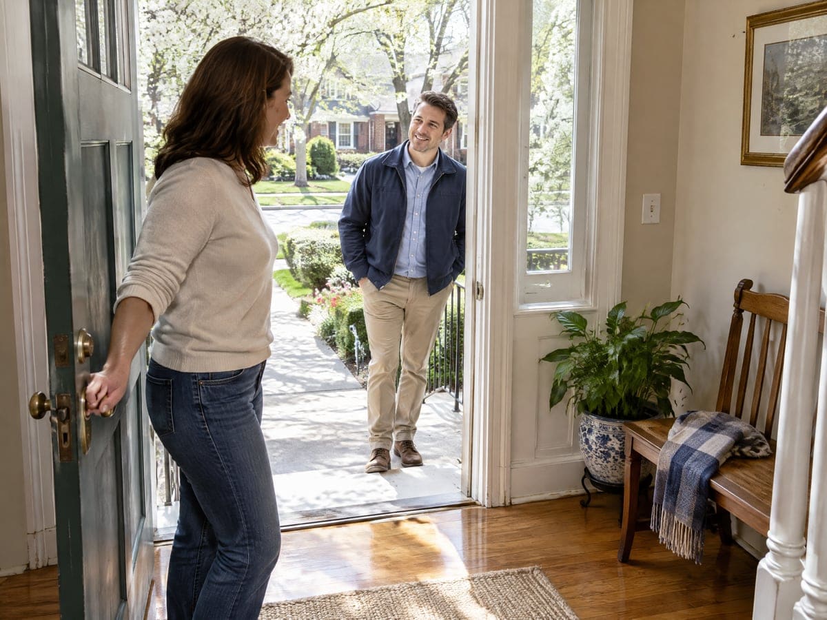 A homeowner opens her front door to a man waiting on the porch for a house cleaning visit, a tree-lined street behind him.