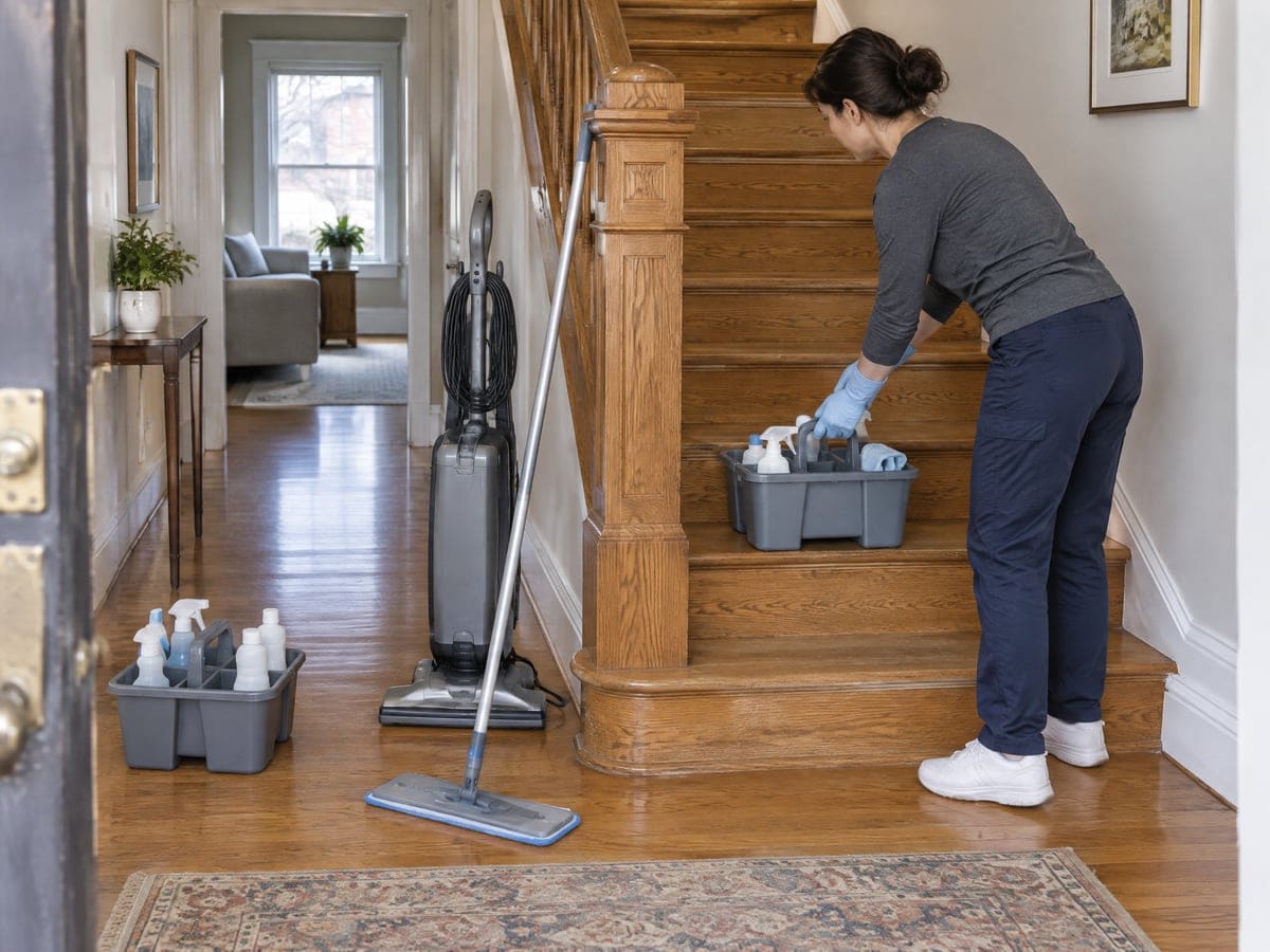 A cleaner sets a caddy on the stairs beside a flat mop and an upright vacuum at the start of a house cleaning visit.