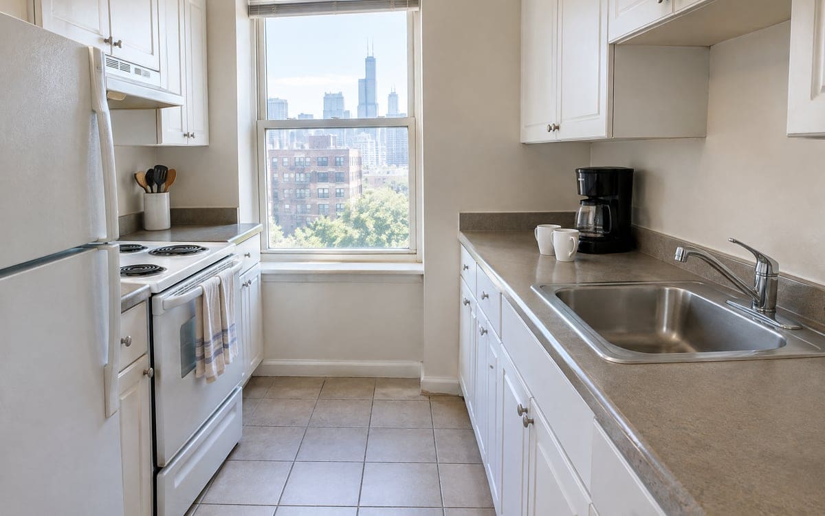 A rental galley kitchen reset for an Airbnb cleaning, wiped counters and a coffee maker with two mugs for the next guest.