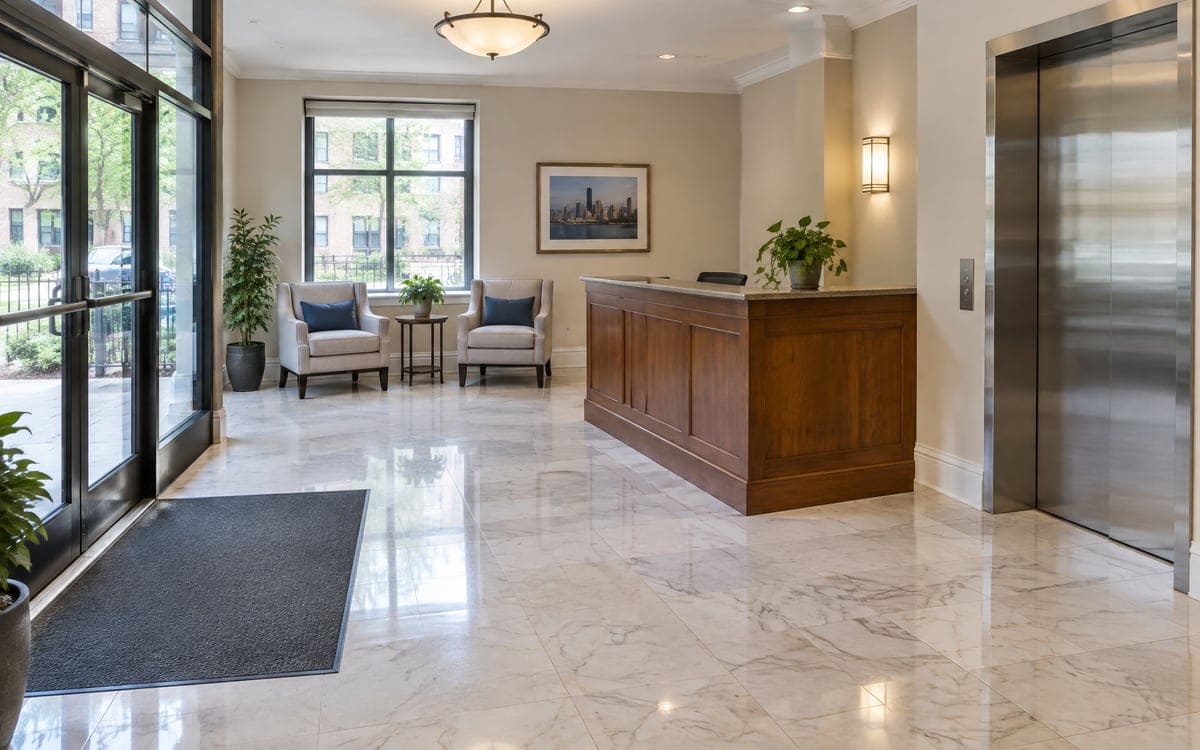 An apartment lobby with a marble floor, wood front desk, two armchairs by the window and a steel elevator door.