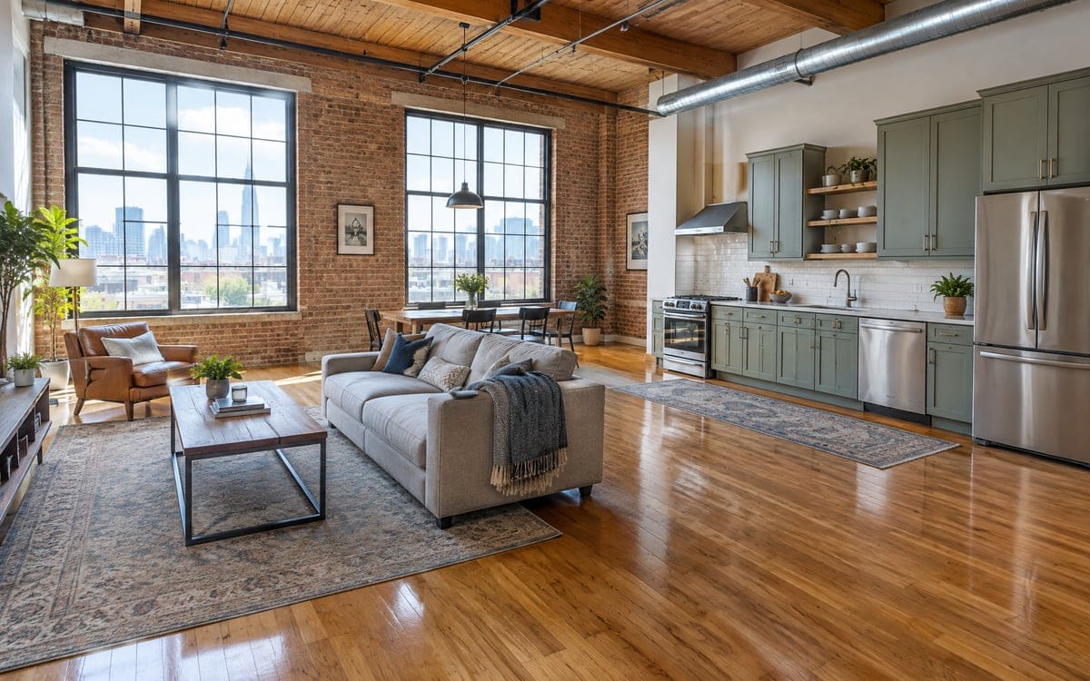 Wood beams and silver ductwork over the open kitchen and living room of a brick loft.