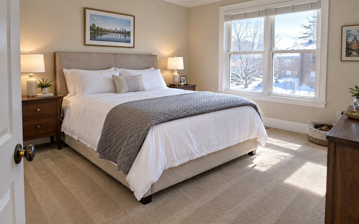 A guest bedroom tidied by a maid service, the queen bed made and vacuum lines in the carpet with snow outside the window.