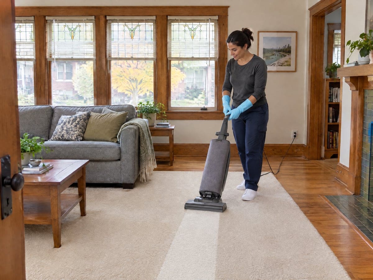 A maid service cleaner vacuums straight lines into a cream rug in a living room with leaded-glass windows.