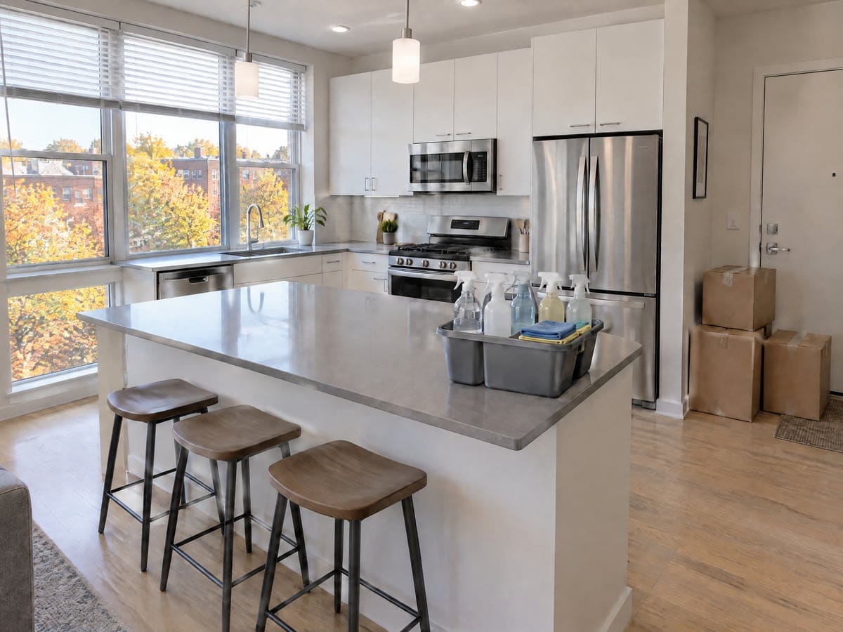 An empty open-plan kitchen with a move-in cleaning caddy on the island, moving boxes stacked by the door.