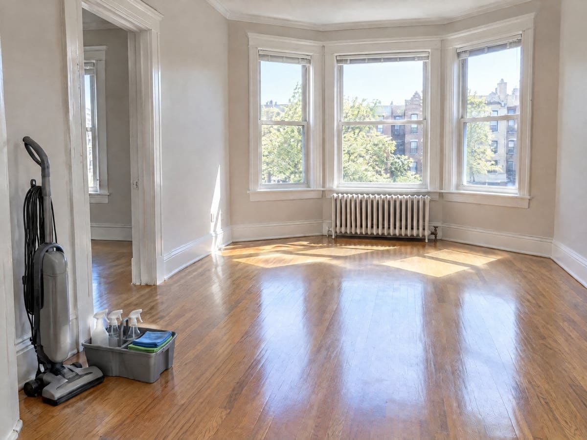 An empty bay-window apartment at the end of a move-out cleaning, a caddy and upright vacuum against the wall.