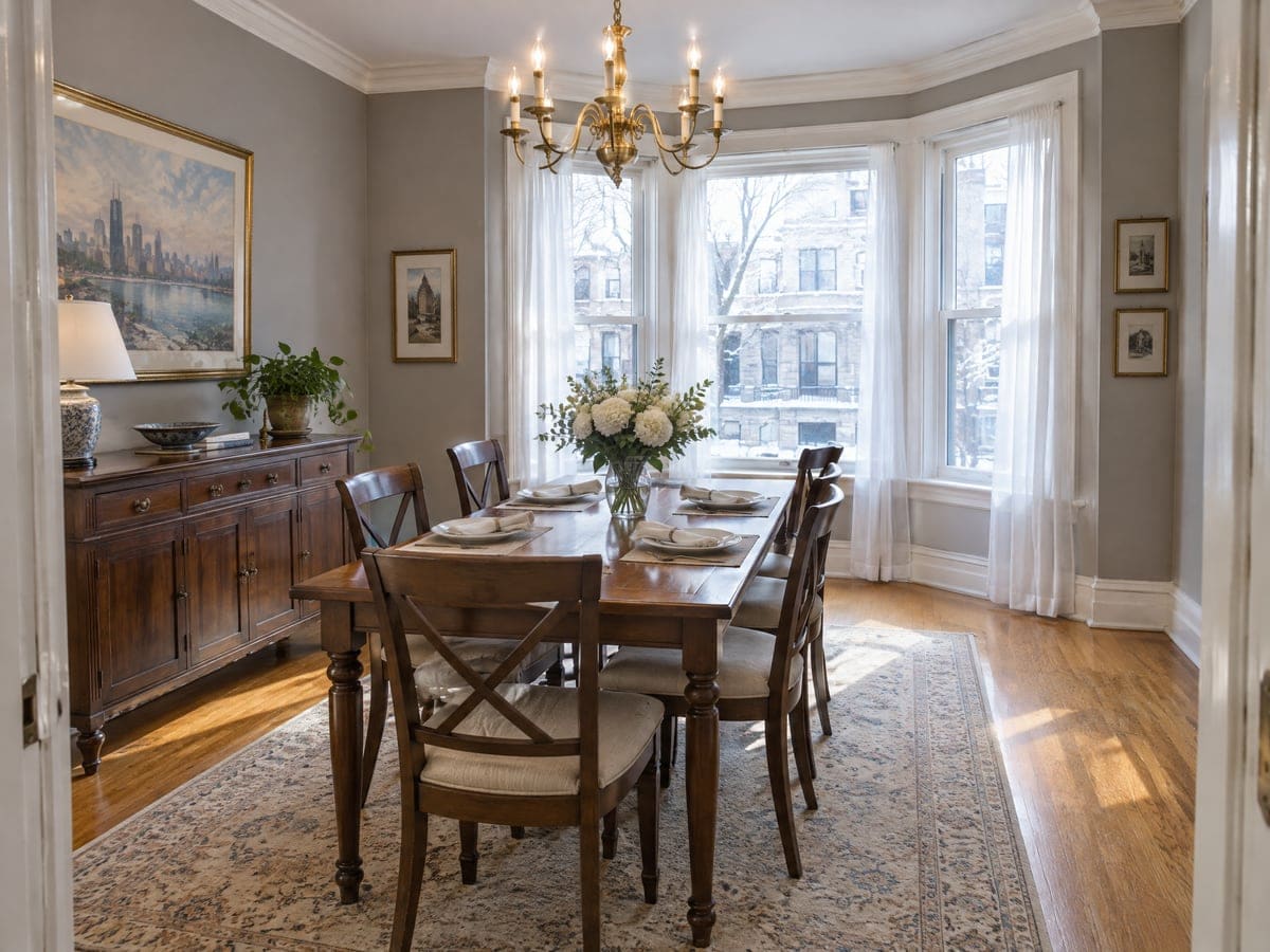 A one-time cleaning service prepared this dining room for guests, a lit chandelier over a floral centerpiece on the table.