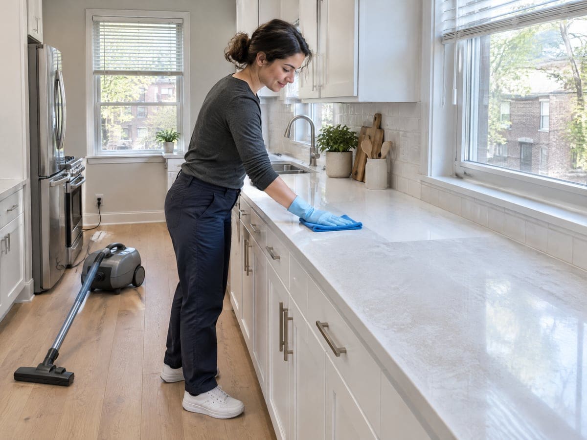 A cleaner wipes the new counter of a remodeled kitchen on a post-construction cleaning, a canister vacuum on the floor behind.