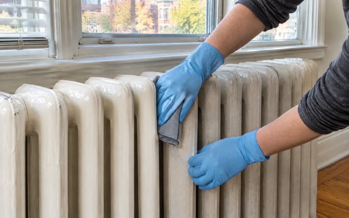 Deep cleaning reaches between the painted columns of a cast-iron radiator, gloved hands working from above.