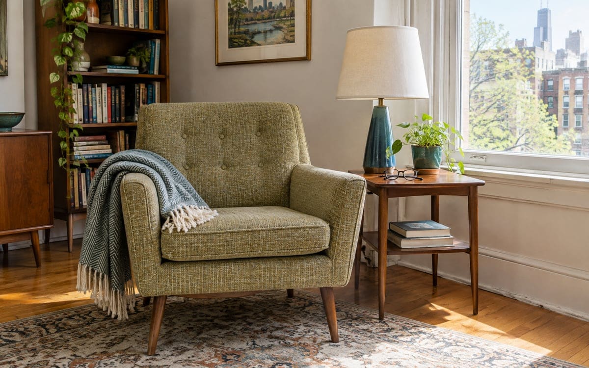 A green tufted armchair and a side table with a lamp, a stack of books below and a potted plant beside the lamp.