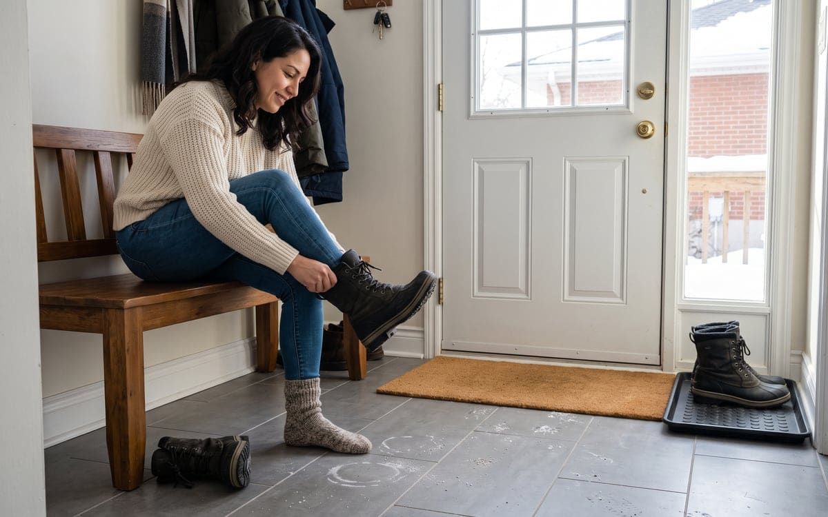 A resident pulls off her winter boots by the back door, salt rings and boot prints on the tile that a house cleaning lifts.
