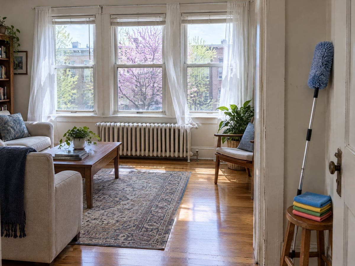 A spring cleaning service in a sunny parlor, with open windows, a radiator and folded cloths and a duster by the door.