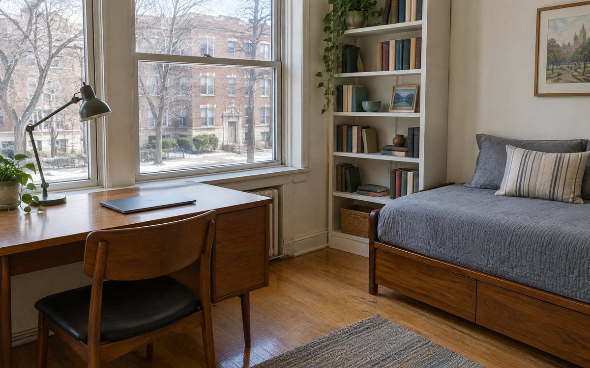 A small studio with a wooden desk, a lamp and a potted plant at the window, and a made daybed beside the bookcase.