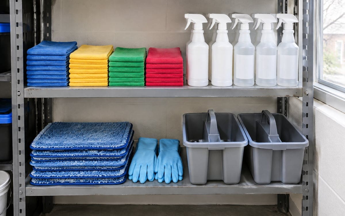 A house cleaning company's supply shelf, with color-stacked microfiber cloths, blank-label spray bottles and blue gloves.