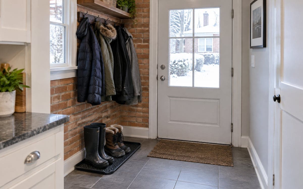A tidy winter mudroom the weekly cleaning service keeps up, coats on hooks and boots lined up on a tray.