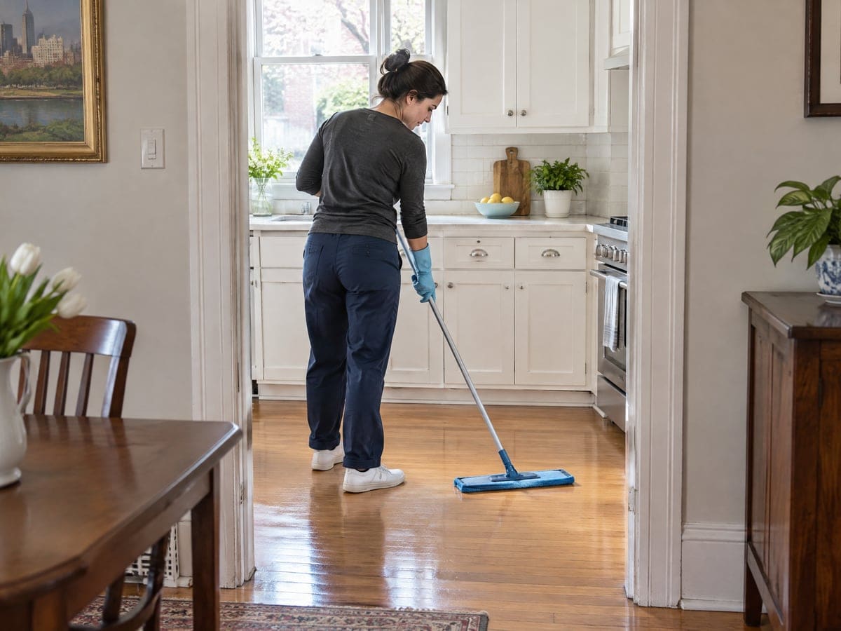A house cleaner flat-mops a hardwood kitchen floor beside white cabinets, a weekly cleaning service visit.